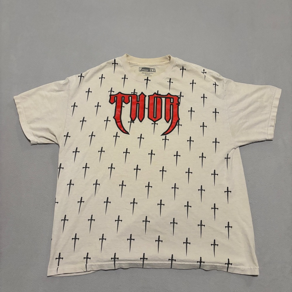Thor Racing T Shirt Size 2XL Cream‎ Short Sleeves Y2K Grunge Christ Cross Print